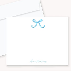 Baby Blue Bow cartes plates personnalisées, cartes de correspondance plates et enveloppes, cartes de remerciement de douche de bébé, cartes de remerciement personnalisées, papeterie Girly