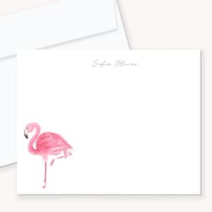 Flamingo Personalized Custom Notecards, 4x5 Flat Notecards and Envelopes, Watercolor Tropical Stationery, Tropical Flamingo Cards