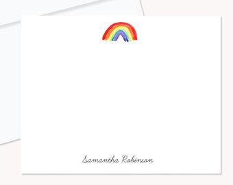 Rainbow Personalized Flat Notecards, Watercolor Rainbow Stationery, 4x5 Flat Notecards and Envelopes, Custom Stationery Set