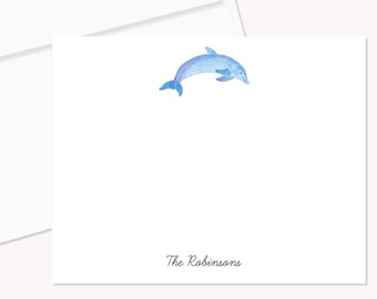 Personalized Dolphin Notecards, Watercolor Stationery, 4x5 Flat Notecards and Envelopes, Tropical Dolphin Cards, Dolphin Gifts