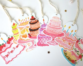 Birthday Cake Gift Tags, Set of 8 die cut paper gift tags with twine included, Cute watercolor cake gift tags