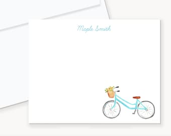Tarjetas de notas de bicicleta azul personalizadas, papelería de acuarela, tarjetas de notas planas de 4x5 y sobres, papelería de bicicleta