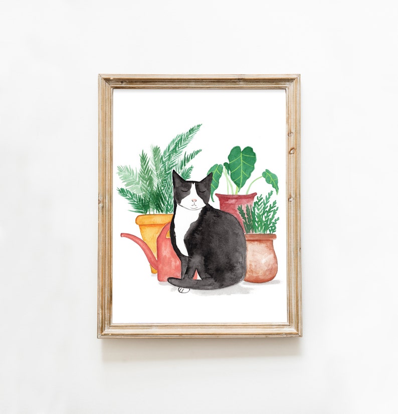 Garden Cat Watercolor Print, Tuxedo Cat Print, Botanical Style, Nature Inspired, Black Cat Art image 1