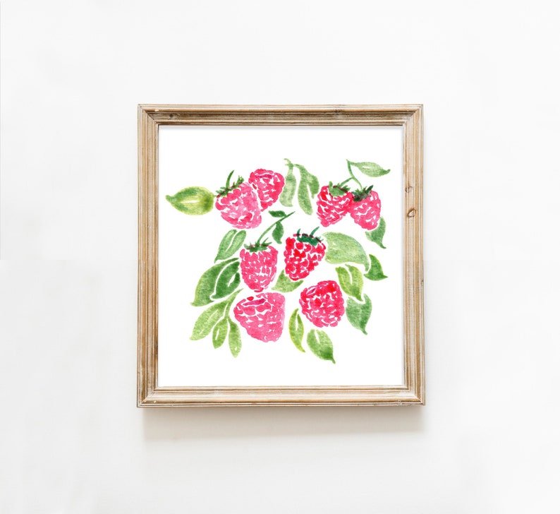 Aquarel frambozen, fruit art print, aquarel keuken kunst, keuken decor, framboos schilderij, kunst aan de muur afbeelding 1