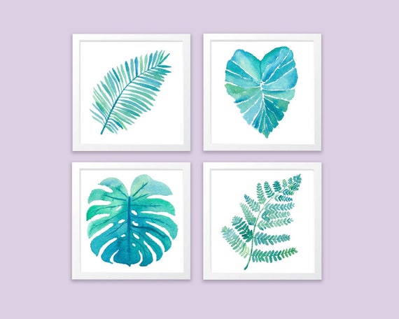 Watercolor Tropical Leaves Set of 4 Prints Home Decor Sea | Etsy