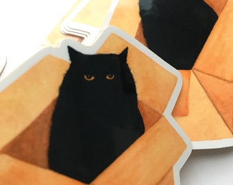 Black cat in a box sticker, Cat stickers, Cat lover, Cute Cat decal, best friend gift, cat laptop decal, cute animal stickers, Cat lady