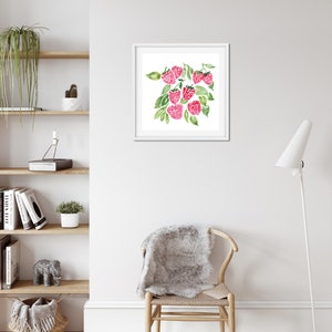 Aquarel frambozen, fruit art print, aquarel keuken kunst, keuken decor, framboos schilderij, kunst aan de muur afbeelding 2