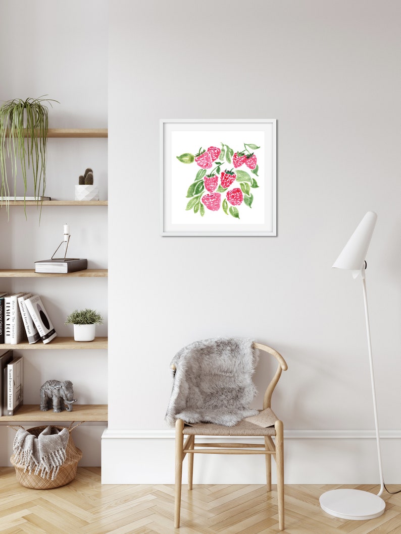 Aquarel frambozen, fruit art print, aquarel keuken kunst, keuken decor, framboos schilderij, kunst aan de muur afbeelding 2