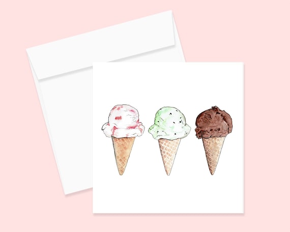 Ice Cream Watercolor Notecard and Envelope, Single or Set of 4, Greeting Card, Invitation, Watercolor Card, Birthday Card, Blank Card
