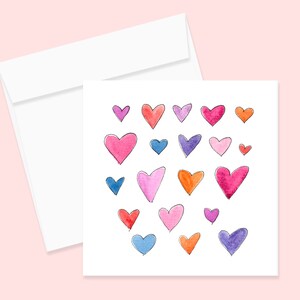 Watercolor Hearts Notecard and Envelope, Single or Set of 4, Greeting Card, Invitation, Watercolor Card, Valentines Card