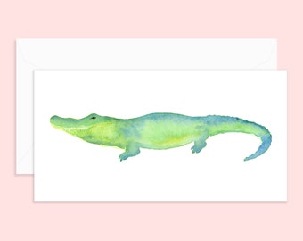 Alligator Notecard & Envelope, Single or Set of 4, Greeting Card, Watercolor Card, Alligator Watercolor, Alligator Art, Blank Card