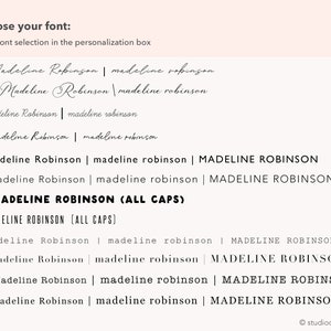 K&ouml;nnte beinhalten: Eine Liste mit 12 Schriftarten f&uuml;r einen Namen, die verschiedene Schreibweisen von Gro&szlig;buchstaben und Schriftarten zeigen. Der Name ist "Madeline Robinson".