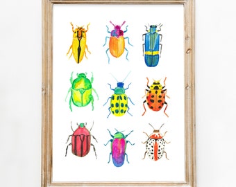 Beetles Watercolor Print, Canvas Wall Art, Insect Decor, Children's Room Art, Animal Watercolor Art, Colorful Beetle Chart, Nursery