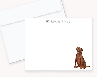 Personalized chocolate lab flat notecards, 4x5, printed on smooth white cardstock with envelopes included