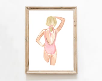 Molly Figure Study Art, Watercolor Art, Pink Swimsuit Art Print, Swimsuit Wall Decor, Beach Inspired, Boho Style, Tropical Home