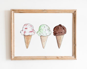 Ice Cream Watercolor Art, Sweets, Children's Room Wall Decor, Food Art, Kitchen Art, Dessert Print, Ice Cream Wall Art, Fun Wall Art