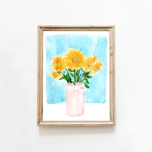 Watercolor Sunflower Art Print, Watercolor Flower Vase Wall Art, Sunflower Art, Kitchen Decor, Kitchen Art, Dining Room Art image 1
