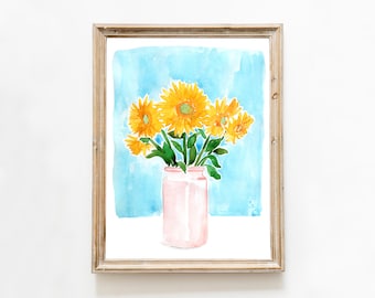 Aquarell Sonnenblumen Kunstdruck, Aquarell BlumenVase Wandkunst, Sonnenblumen Kunst, Küchen dekor, Küche Kunst, Esszimmer Kunst