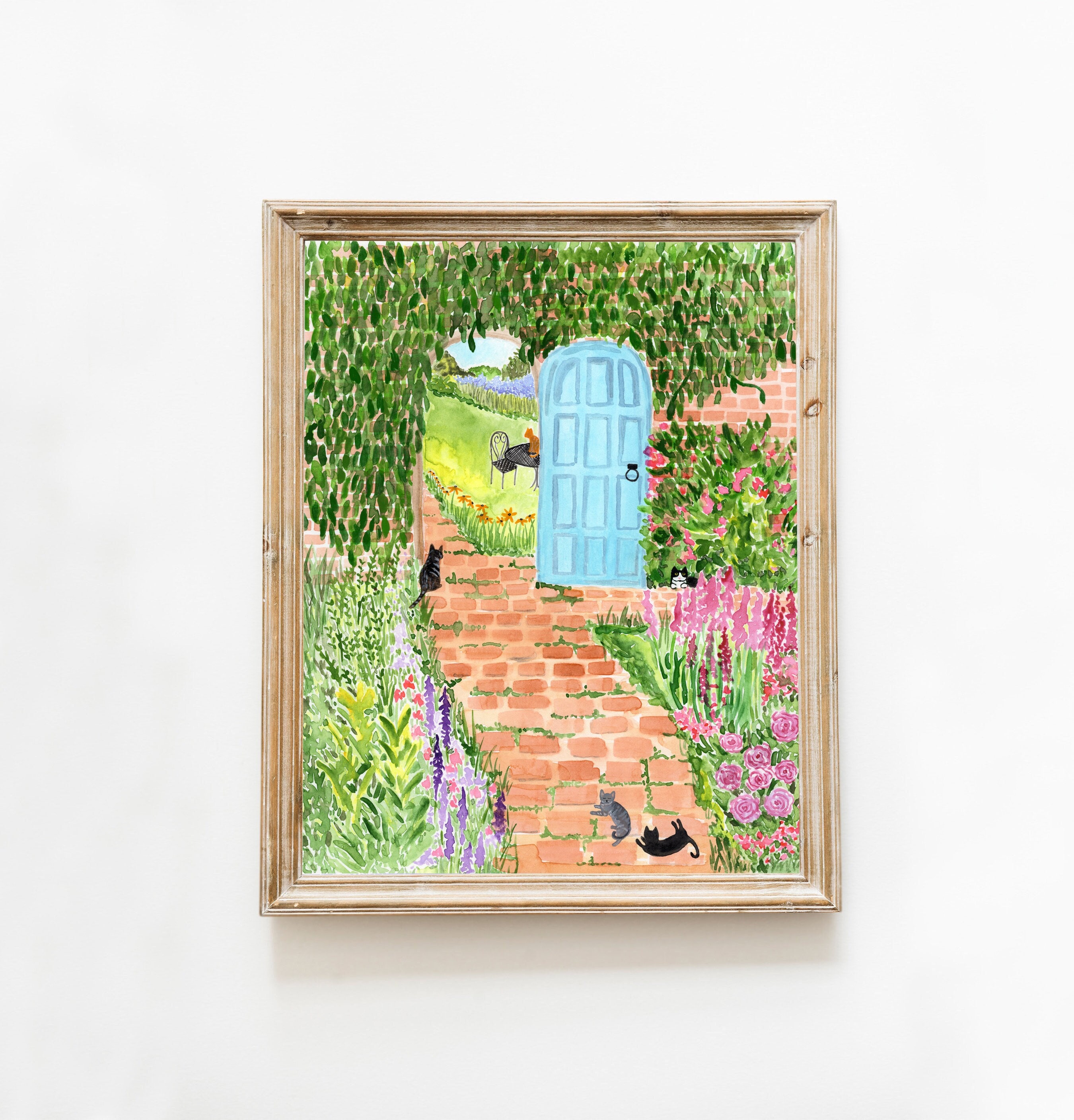 Cat Lady's Garden Watercolor Print, Garden Cat Print, Botanical Style, Nature Inspired, Cat Art, Watercolor Cats