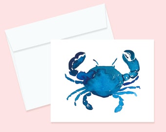 Blue Crab Watercolor Greeting Card and Envelope, Blank Notecard, Crab Stationary, Nautical Stationary, Blue Crab Invitation, Party Invites