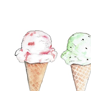 May include: Watercolor illustration of two ice cream cones. One cone has a scoop of white ice cream with red strawberry swirls. The other cone has a scoop of green ice cream with dark chocolate chips. Both cones are brown.