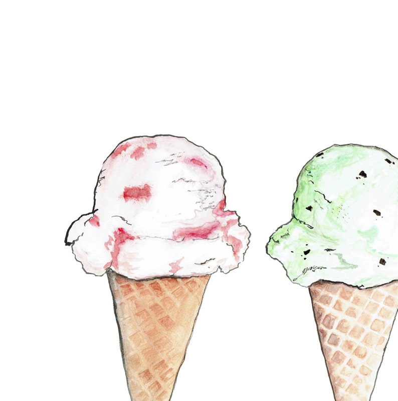 May include: Watercolor illustration of two ice cream cones. One cone has a scoop of white ice cream with red strawberry swirls. The other cone has a scoop of green ice cream with dark chocolate chips. Both cones are brown.