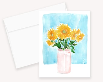 Carte de notes et enveloppe de vase de tournesol, carte de vœux florale, papeterie de tournesol, intérieur vierge, papeterie florale