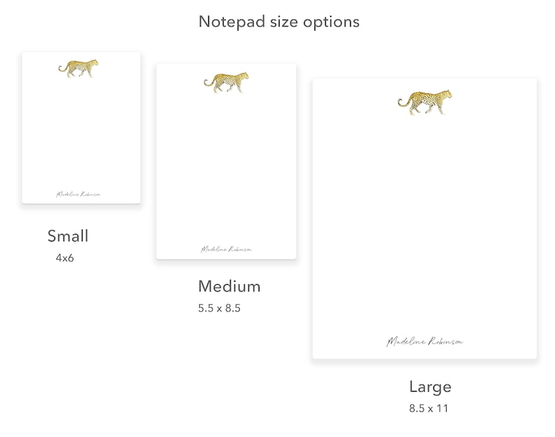 K&ouml;nnte beinhalten: Drei Notizblockgr&ouml;&szlig;en mit einer Leopardenillustration und dem Text "Madeline Robinson" unten. Die Gr&ouml;&szlig;en sind klein (4x6 Zoll), mittel (5,5x8,5 Zoll) und gro&szlig; (8,5x11 Zoll).