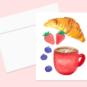 Französisch Frühstück Aquarell Grußkarte und Umschlag, Housewarming Party Einladung, beste Freundin Geschenk, Cafe Notecard, Brunch Datum einladen