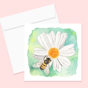 Bee & Flower Notecard and Envelope, Honeybee Greeting Card, Floral Watercolor Card, Invitation, Leaf Watercolor Card, Flower Card