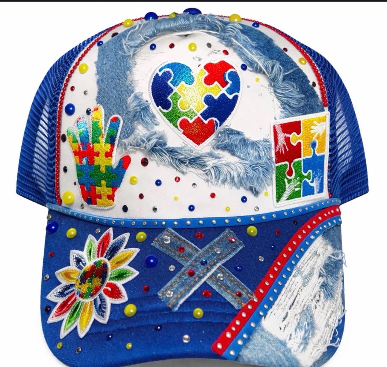 Autism Awareness Custom Bling Hat | Puzzle Piece Hat | Rhinestone Denim ...
