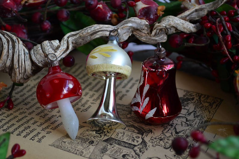 RARE handblown ornaments.Vintage red glass mushroomred teapot sliver and fuchsia lamp ornaments.Shabby decor.Gift for Christmas.From 50/'s.
