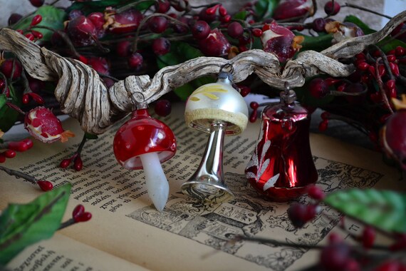 RARE handblown ornaments.Vintage red glass mushroomred teapot sliver and fuchsia lamp ornaments.Shabby decor.Gift for Christmas.From 50/'s.