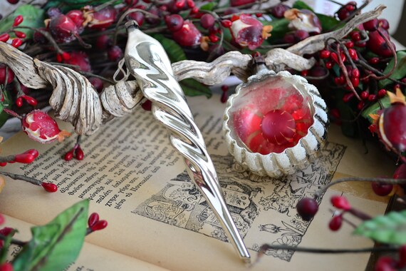 RARE handblown ornaments.Vintage red glass mushroomred teapot sliver and fuchsia lamp ornaments.Shabby decor.Gift for Christmas.From 50/'s.