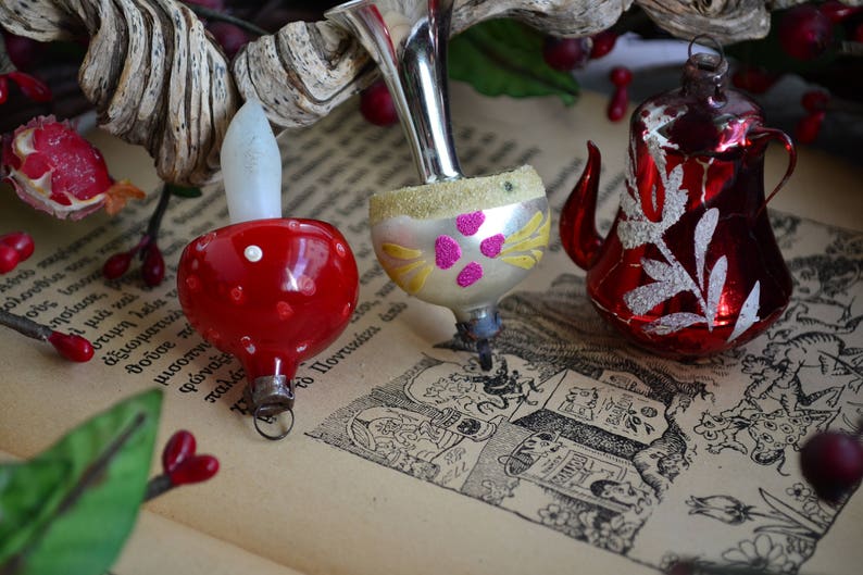 RARE handblown ornaments.Vintage red glass mushroomred teapot sliver and fuchsia lamp ornaments.Shabby decor.Gift for Christmas.From 50/'s.