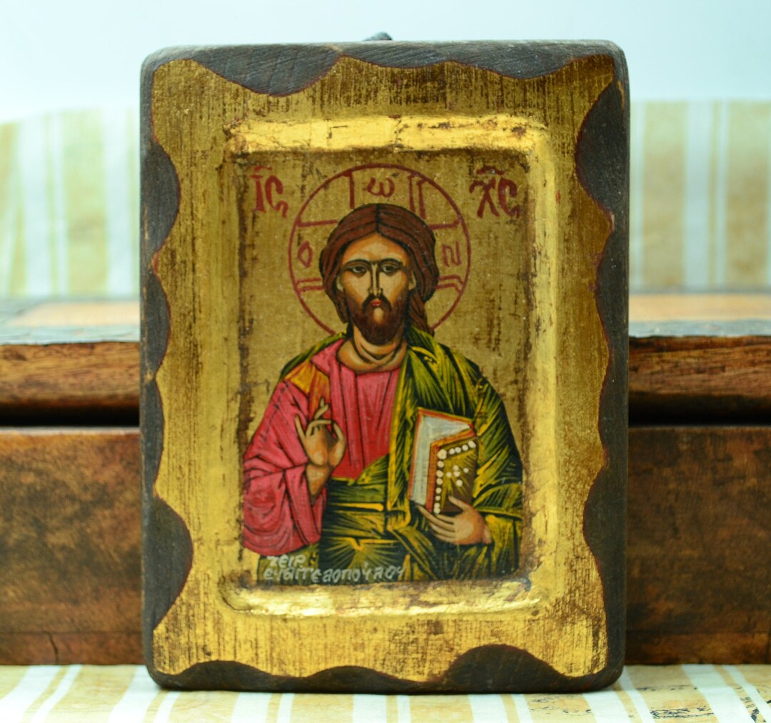 Vintage Religious Icon.byzantine Icon of Jesus.handmade Wooden Icon of