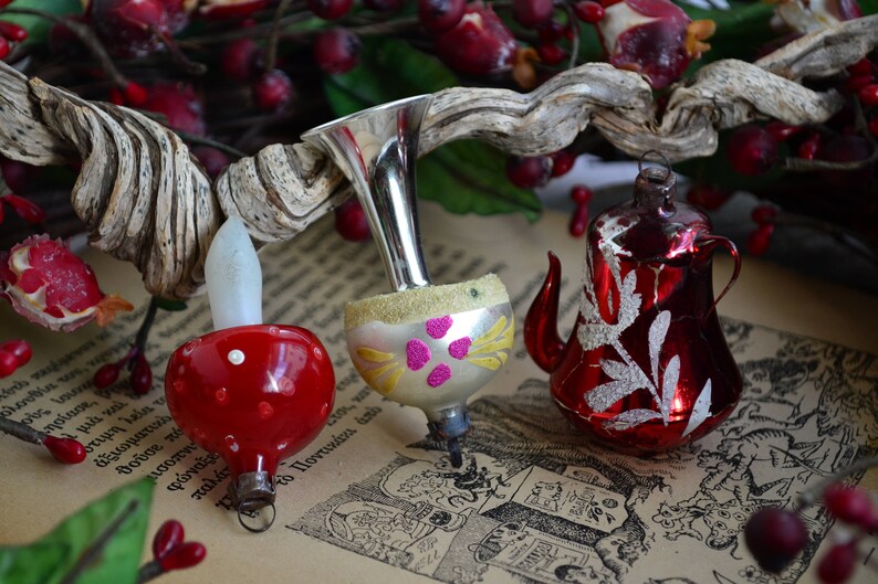 RARE handblown ornaments.Vintage red glass mushroomred teapot sliver and fuchsia lamp ornaments.Shabby decor.Gift for Christmas.From 50/'s.
