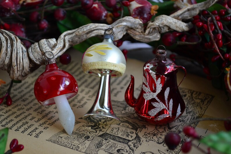 RARE handblown ornaments.Vintage red glass mushroomred teapot sliver and fuchsia lamp ornaments.Shabby decor.Gift for Christmas.From 50/'s.