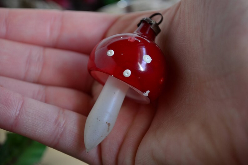 RARE handblown ornaments.Vintage red glass mushroomred teapot sliver and fuchsia lamp ornaments.Shabby decor.Gift for Christmas.From 50/'s.