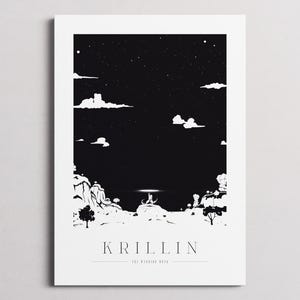 May include: Black and white art print featuring a night sky with stars and clouds above a landscape. The word "KRILLIN" is printed in a serif font below the landscape. The text "THE WARRIOR SAGA" is printed below "KRILLIN".