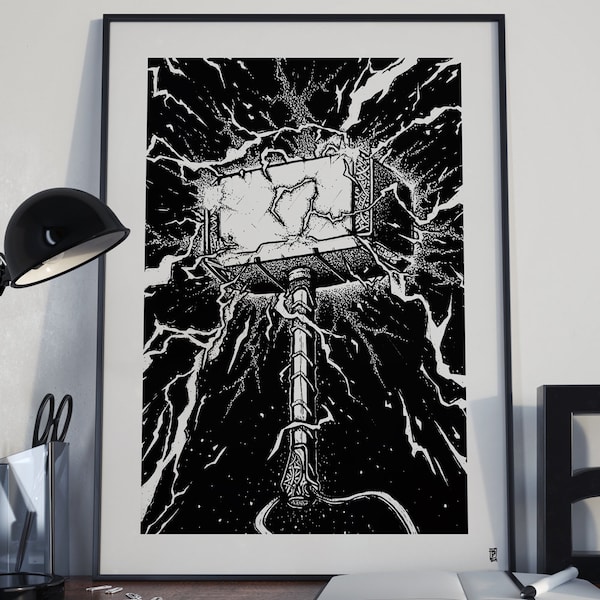 THOR - MJOLLNIR, Print Affiche Poster Marvel, Illustration, Dessin