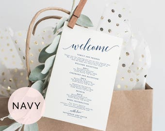 Navy Wedding Itinerary Template, Wedding Welcome Bag Tags, Wedding Itinerary for Hotel Bag, Wedding Itinerary Cards, Itinerary for Wedding