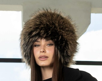 Brown women Cossak hat, Eco raccoon fur round hat, Women&#39;s winter faux fur headwear, Girlfriend birthday gift idea, Fashion Kubanka fur hat