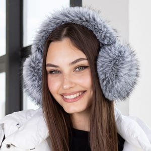 Stylish faux fur earmuffs, Fluffy silver ear warmers, Fashion gift for daughter, Gray fox fur earmuffs with fuzzy headband, Gift for sister
