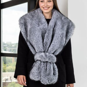 Silver faux fur shawl, Oversized gray scarf, Fluffy fur winter stole, Elegant removable wide collar for coat, Stylish vegan fur outerwear