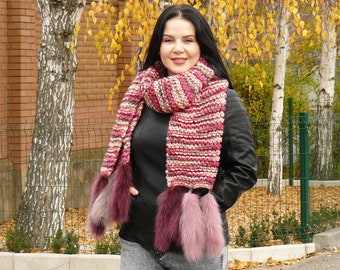Oversized warm scarf with fur tassels, Knitted scarf for women, Chunky neck warmer, Warm hand knitted scarf, Winter scarf women,Gift for her