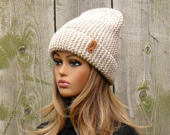 Beige knitted beanie, Warm soft hat, Spring hat, Slouchy hat for women, Chunky knit hat handmade,  Wool blend hat, Winter beanie