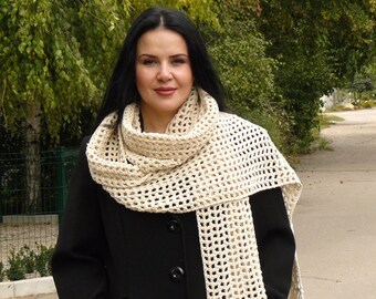 Large crochet scarf with tassels, Pure cotton openwork scarf for women, Extra long neck wrap, Spring mesh oversized scarf, Mother's Day gift