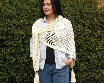 Lace shawl, Crochet shawl with tassels Cream beach shawl Champagne openwork lace shawl wrap Triangular mesh shawl Summer Large shoulder wrap
