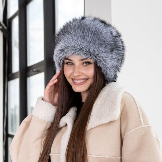 Trendy Faux Fur Kubanka Hat for Winter, Silver Vegan Fox Fur 